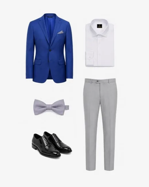 Montaje de un outfit: chaqueta, camisa, corbatín, pantalón y zapatos, de nuestro Instagram