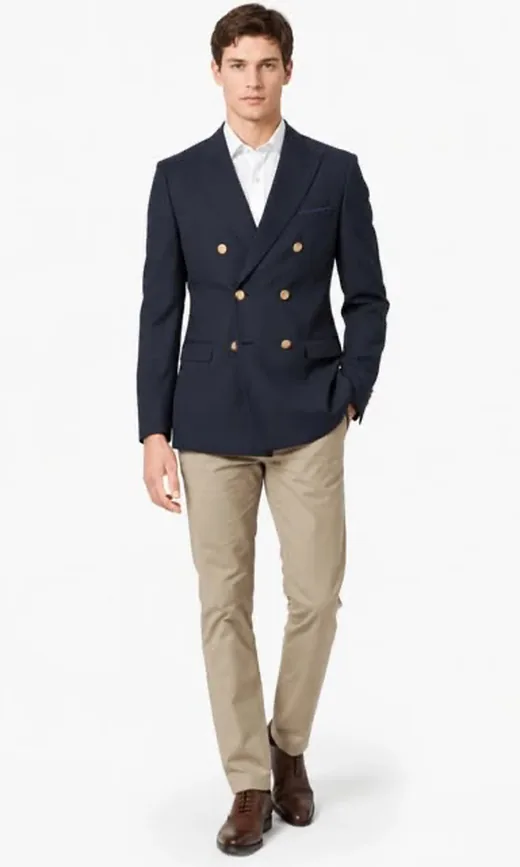 Modelo con chaqueta cruzada y pantalón kaki, de nuestro Instagram