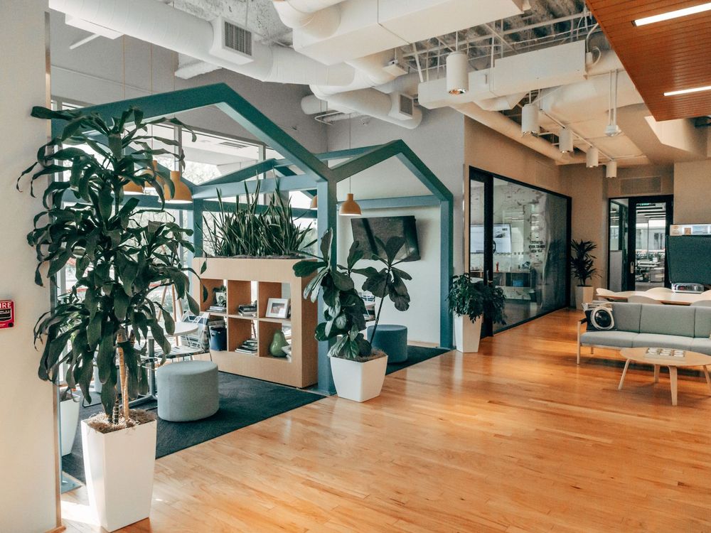Espacio de coworking con madera y plantas