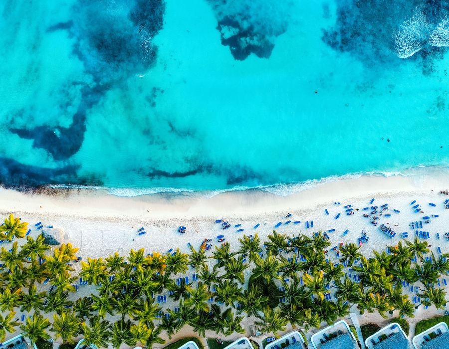 Aerial view of the Bayahíbe coastline and its beachfront villas