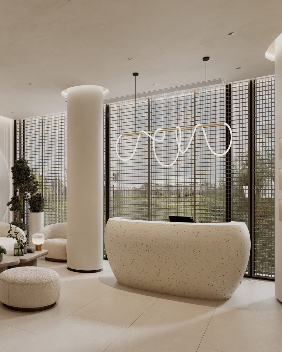 Interior de un centro de estética con luz cálida y mobiliario claro