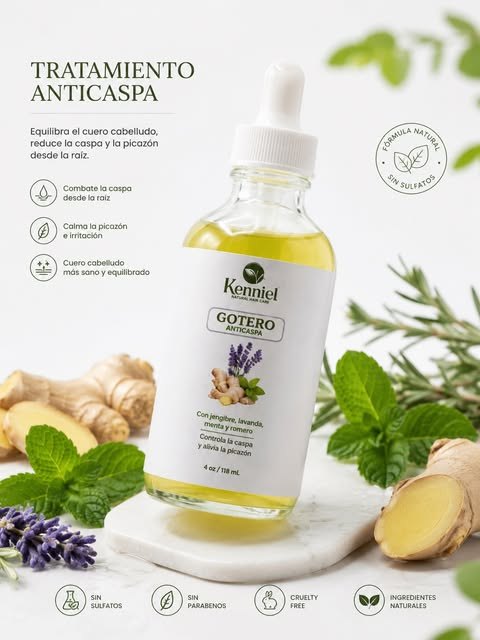 Gotero anticaspa de Kenniel rodeado de jengibre, menta, lavanda y romero