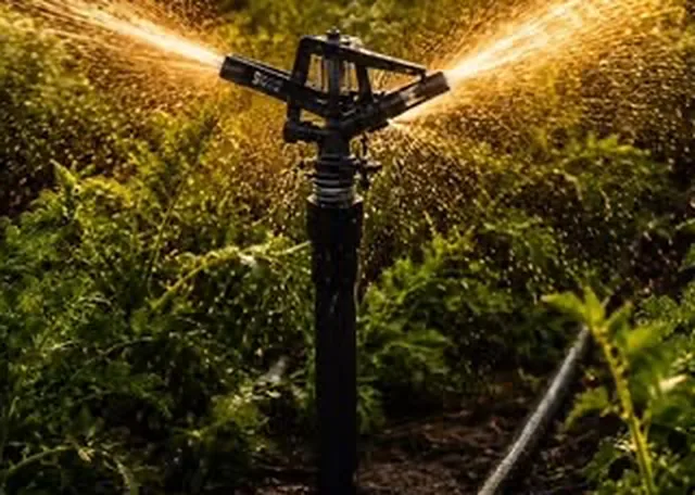 Aspersor de impacto regando un cultivo al atardecer, de nuestro Instagram