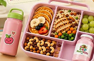 Lonchera rosa por compartimentos con pollo, arroz, uvas y frutos secos