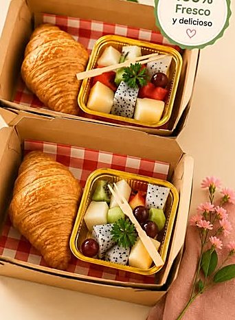 Dos cajas de desayuno con croissant y vasito de frutas frescas